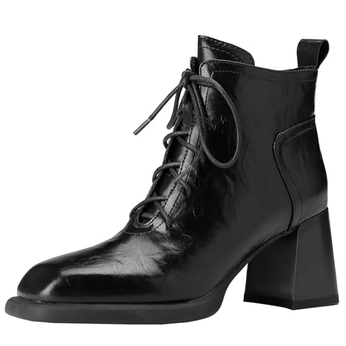 BULVJ Damen Stiefeletten aus Leder mit Quadratischer Zehenpartie, Schnürstiefeletten mit Klobigen Absatz für Street-/Retro-Looks von BULVJ