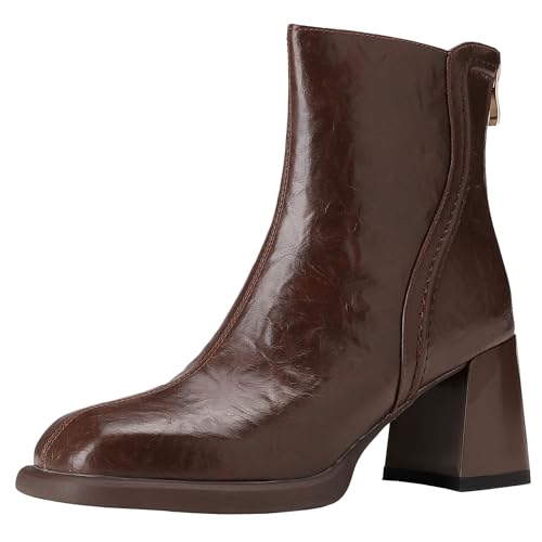 BULVJ Damen Stiefeletten aus Leder mit Quadratischer Zehenpartie, Stiefeletten mit Klobigen Absätzen und Reißverschluss für Street-/Retro-Looks von BULVJ