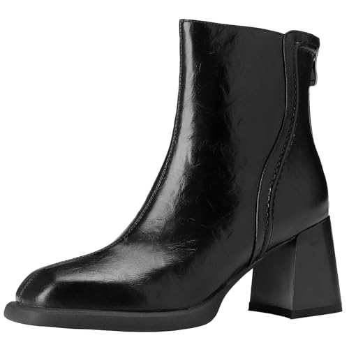 BULVJ Damen Stiefeletten aus Leder mit Quadratischer Zehenpartie, Stiefeletten mit Klobigen Absätzen und Reißverschluss für Street-/Retro-Looks von BULVJ