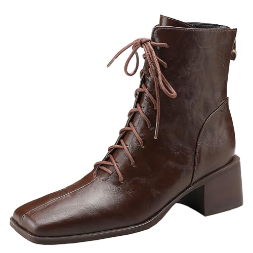 BULVJ Damen Stiefeletten im Retro-Stil mit Quadratischer Zehenpartie, Obermaterial aus Echtem Rindsleder, Schnürung vorne und Reißverschluss Hinten von BULVJ