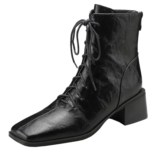 BULVJ Damen Stiefeletten im Retro-Stil mit Quadratischer Zehenpartie, Obermaterial aus Echtem Rindsleder, Schnürung vorne und Reißverschluss Hinten von BULVJ