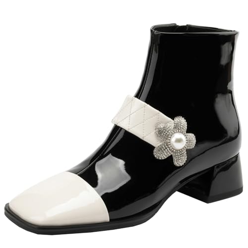 BULVJ Damen Stiefeletten mit Colorblocking, Reißverschluss und Eckiger Zehenpartie mit Blockabsatz für Ausgefallene Looks von BULVJ