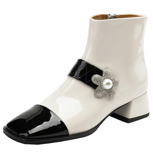 BULVJ Damen Stiefeletten mit Colorblocking, Reißverschluss und Eckiger Zehenpartie mit Blockabsatz für Ausgefallene Looks von BULVJ