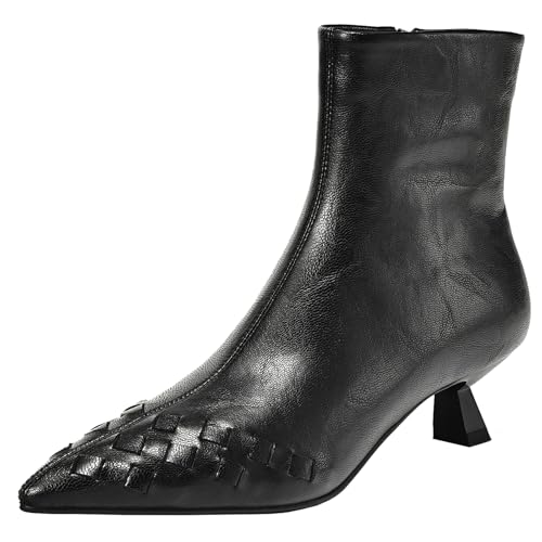 BULVJ Damen Stiefeletten mit Niedrigem Absatz und Spitzer Zehenpartie, Reißverschluss, Lässige Kurze Lederstiefel für den Täglichen Gebrauch von BULVJ