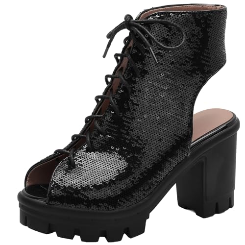 BULVJ Damen Stiefeletten mit Offener Zehenpartie Paillettenstiefeletten mit Blockabsatz und Slingback BULVJ Damen Stiefeletten mit Offener Zehenpartie Paillettenstiefeletten mit Blockabsatz und Slingback von BULVJ