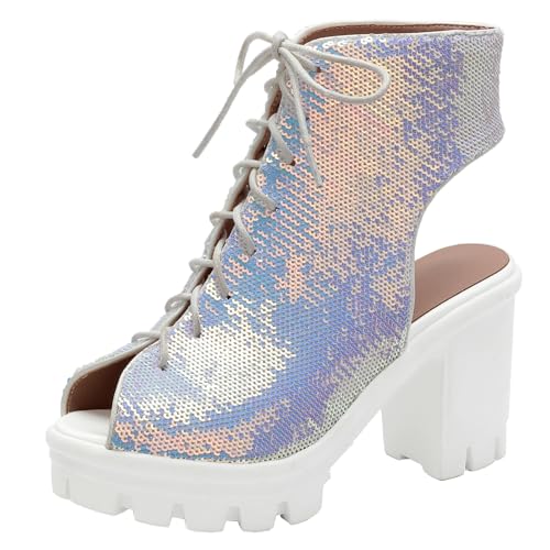 BULVJ Damen Stiefeletten mit Offener Zehenpartie Paillettenstiefeletten mit Blockabsatz und Slingback BULVJ Damen Stiefeletten mit Offener Zehenpartie Paillettenstiefeletten mit Blockabsatz und Slingback von BULVJ
