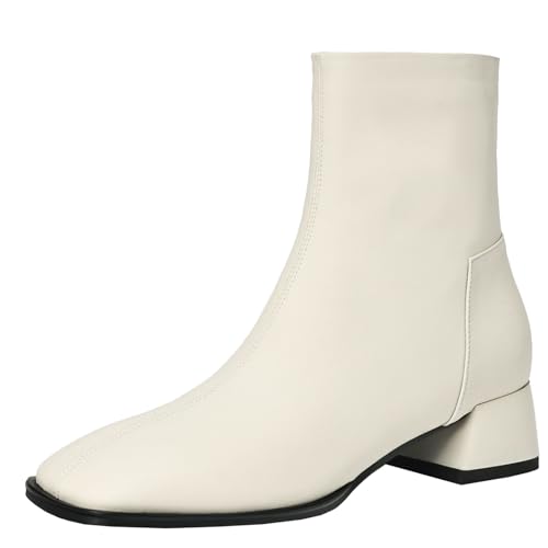 BULVJ Damen Stiefeletten mit Quadratischer Zehenpartie Comfort Lederstiefeletten mit Blockabsatz für Ausgefallene Looks von BULVJ