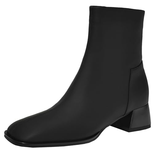 BULVJ Damen Stiefeletten mit Quadratischer Zehenpartie Comfort Lederstiefeletten mit Blockabsatz für Ausgefallene Looks von BULVJ
