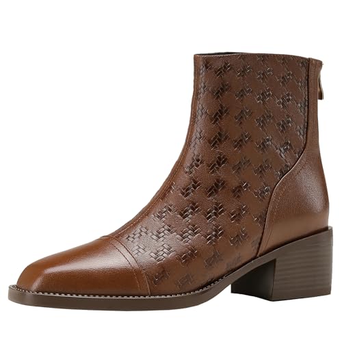 BULVJ Damen Stiefeletten mit Quadratischer Zehenpartie aus Echtem Leder, Stiefeletten mit Klobigen Absätzen, Ideal für Winteroutfits von BULVJ