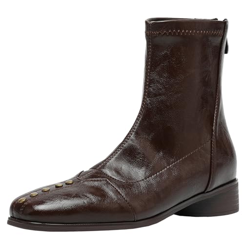 BULVJ Damen Stiefeletten mit Quadratischer Zehenpartie im Retro-Stil, Klobiger Absatz für gleichmäßiges Gehen, Warmes Futter für Herbst- und Winterkleidung von BULVJ