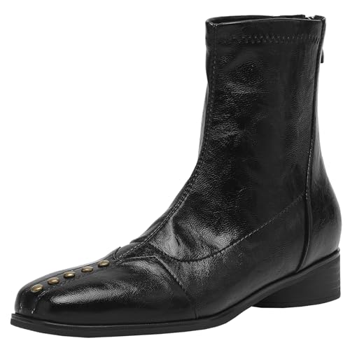 BULVJ Damen Stiefeletten mit Quadratischer Zehenpartie im Retro-Stil, Klobiger Absatz für gleichmäßiges Gehen, Warmes Futter für Herbst- und Winterkleidung von BULVJ