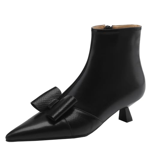 BULVJ Damen Stiefeletten mit Reißverschluss Spitz Zulaufende Lederstiefel mit Schleifen für Ausgefallene Looks von BULVJ