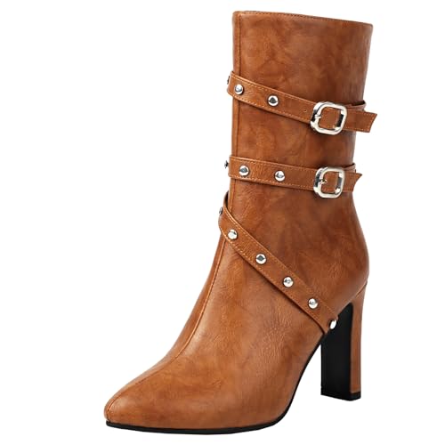 BULVJ Damen Stiefeletten mit Reißverschluss und Metallischer Schnallenverzierung, Klobiger Absatz, Spitze Zehen für Einen Auffälligen Look von BULVJ