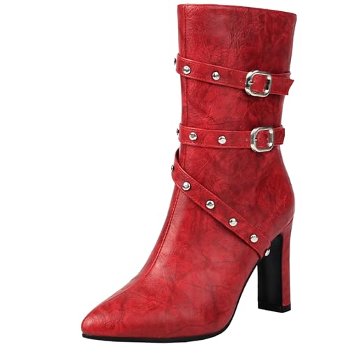 BULVJ Damen Stiefeletten mit Reißverschluss und Metallischer Schnallenverzierung, Klobiger Absatz, Spitze Zehen für Einen Auffälligen Look von BULVJ