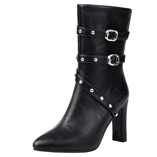 BULVJ Damen Stiefeletten mit Reißverschluss und Metallischer Schnallenverzierung, Klobiger Absatz, Spitze Zehen für Einen Auffälligen Look von BULVJ