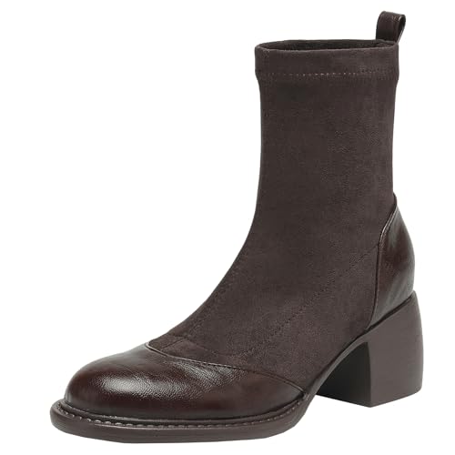 BULVJ Damen Stiefeletten mit Runder Zehenpartie, Kurze Slip-on-Stiefel mit Blockabsatz für Ausgefallene Looks von BULVJ