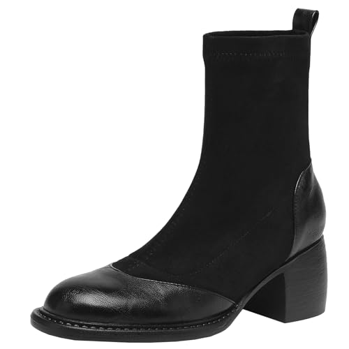 BULVJ Damen Stiefeletten mit Runder Zehenpartie, Kurze Slip-on-Stiefel mit Blockabsatz für Ausgefallene Looks von BULVJ