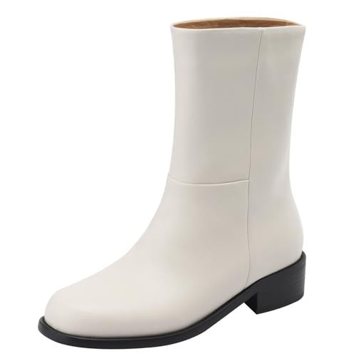 BULVJ Damen Stiefeletten mit Runder Zehenpartie Comfort Lederstiefeletten mit Blockabsatz und Slipper von BULVJ