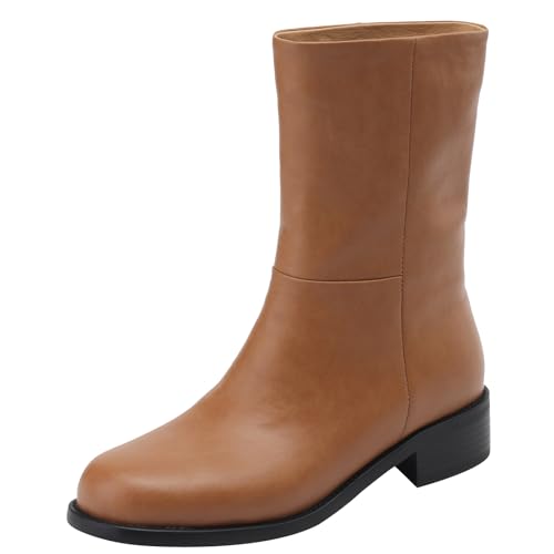 BULVJ Damen Stiefeletten mit Runder Zehenpartie Comfort Lederstiefeletten mit Blockabsatz und Slipper von BULVJ