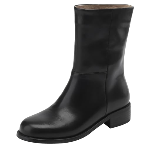 BULVJ Damen Stiefeletten mit Runder Zehenpartie Comfort Lederstiefeletten mit Blockabsatz und Slipper von BULVJ