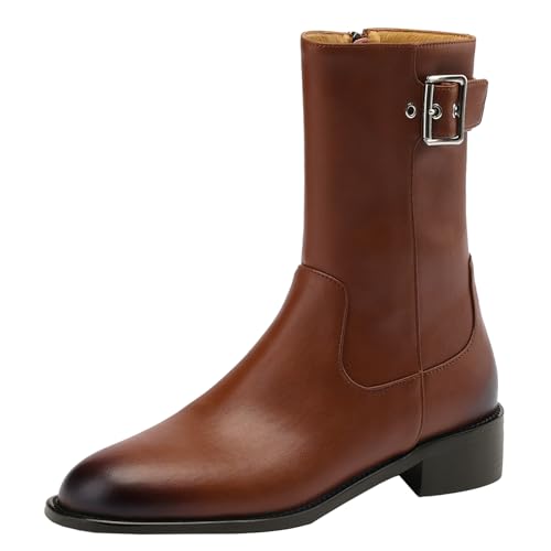 BULVJ Damen Stiefeletten mit Seitlichem Reißverschluss Comfort Bikerstiefel mit Blockabsatz und Runder Spitze von BULVJ