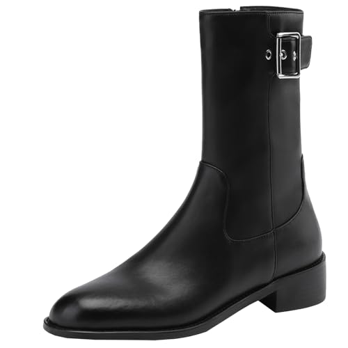 BULVJ Damen Stiefeletten mit Seitlichem Reißverschluss Comfort Bikerstiefel mit Blockabsatz und Runder Spitze von BULVJ
