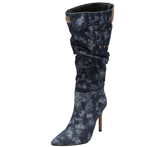 BULVJ Damen Stiefeletten mit Spitz Zulaufender Zehenpartie, Plissierte Kniehohe Stiefel, Stiletto-Absatz, Reißverschluss Lange Stiefel, Slouch-Stil von BULVJ