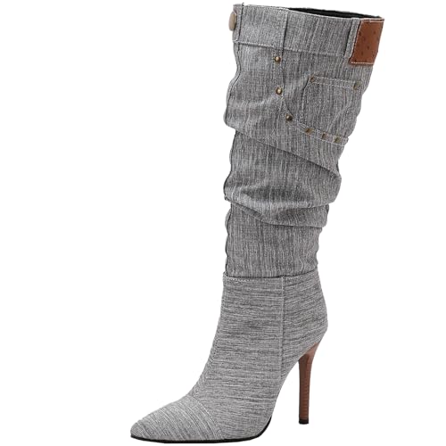 BULVJ Damen Stiefeletten mit Spitz Zulaufender Zehenpartie, Plissierte Kniehohe Stiefel, Stiletto-Absatz, Reißverschluss Lange Stiefel, Slouch-Stil von BULVJ