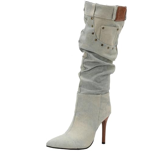 BULVJ Damen Stiefeletten mit Spitz Zulaufender Zehenpartie, Plissierte Kniehohe Stiefel, Stiletto-Absatz, Reißverschluss Lange Stiefel, Slouch-Stil von BULVJ