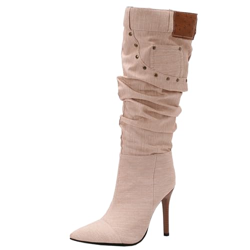 BULVJ Damen Stiefeletten mit Spitz Zulaufender Zehenpartie, Plissierte Kniehohe Stiefel, Stiletto-Absatz, Reißverschluss Lange Stiefel, Slouch-Stil von BULVJ