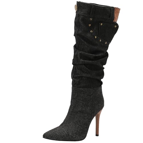 BULVJ Damen Stiefeletten mit Spitz Zulaufender Zehenpartie, Plissierte Kniehohe Stiefel, Stiletto-Absatz, Reißverschluss Lange Stiefel, Slouch-Stil von BULVJ