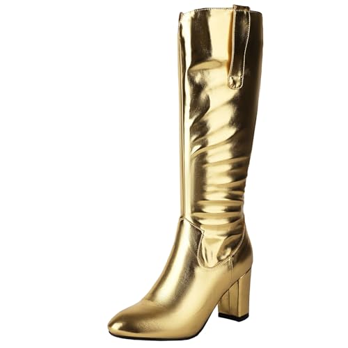 BULVJ Damen Stiefeletten mit Spitzem Zeh, Kniehohe Stiefel mit Modischem Blockabsatz und Seitlichem Reißverschluss für Einfaches Anziehen. von BULVJ