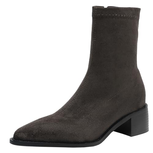 BULVJ Damen Stiefeletten mit Spitzem Zehenabsatz und Blockabsatz, Kurze Stiefel mit Seitlichem Reißverschluss, Geeignet für Tägliche und Formelle Anlässe von BULVJ