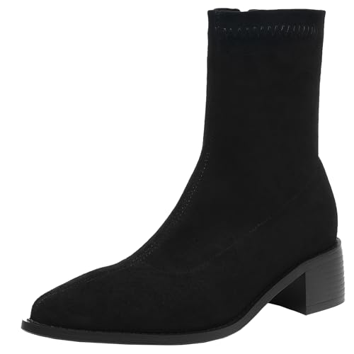 BULVJ Damen Stiefeletten mit Spitzem Zehenabsatz und Blockabsatz, Kurze Stiefel mit Seitlichem Reißverschluss, Geeignet für Tägliche und Formelle Anlässe von BULVJ