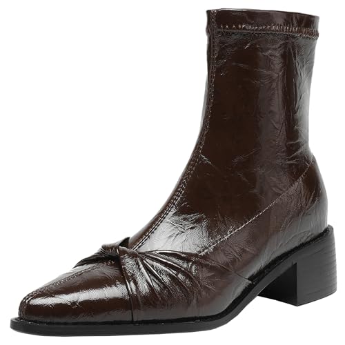 BULVJ Damen Stiefeletten mit Spitzem Zehenabsatz und Blockabsatz, Kurze Stiefel zum Hineinschlüpfen, Geeignet für Tägliche und Formelle Anlässe von BULVJ