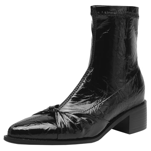 BULVJ Damen Stiefeletten mit Spitzem Zehenabsatz und Blockabsatz, Kurze Stiefel zum Hineinschlüpfen, Geeignet für Tägliche und Formelle Anlässe von BULVJ