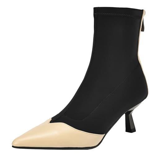 BULVJ Damen Stiefeletten mit Spitzer Zehenpartie in Color-Blocking-Optik Lederstiefeletten mit Reißverschluss für den Täglichen Gebrauch von BULVJ