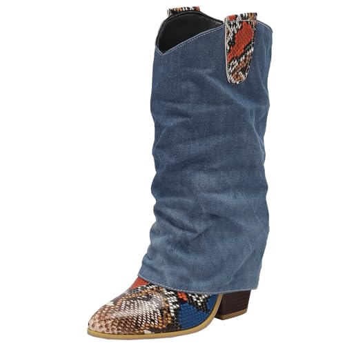 BULVJ Damen Tiermuster Stiefeletten bis zur Wade, zum Hineinschlüpfen mit Blockabsatz, Warmes Innenfutter für Verschiedene Wintermode-Looks von BULVJ