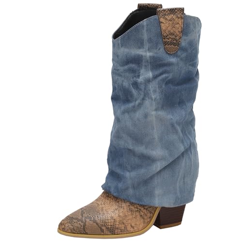 BULVJ Damen Tiermuster Stiefeletten bis zur Wade, zum Hineinschlüpfen mit Blockabsatz, Warmes Innenfutter für Verschiedene Wintermode-Looks von BULVJ