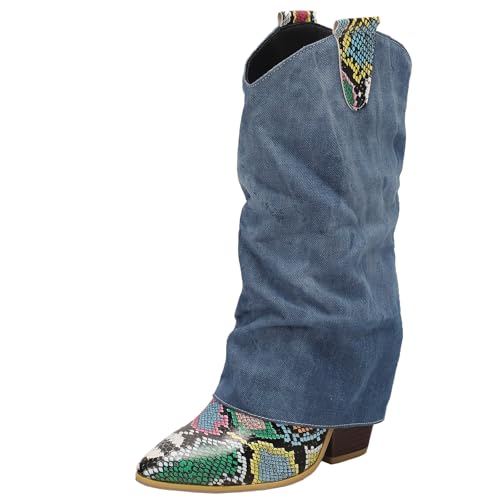 BULVJ Damen Tiermuster Stiefeletten bis zur Wade, zum Hineinschlüpfen mit Blockabsatz, Warmes Innenfutter für Verschiedene Wintermode-Looks von BULVJ