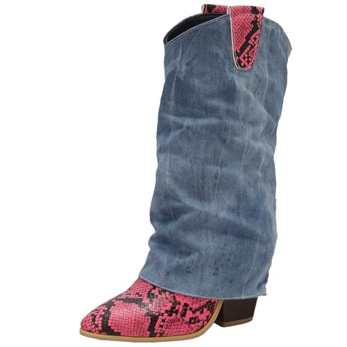 BULVJ Damen Tiermuster Stiefeletten bis zur Wade, zum Hineinschlüpfen mit Blockabsatz, Warmes Innenfutter für Verschiedene Wintermode-Looks von BULVJ