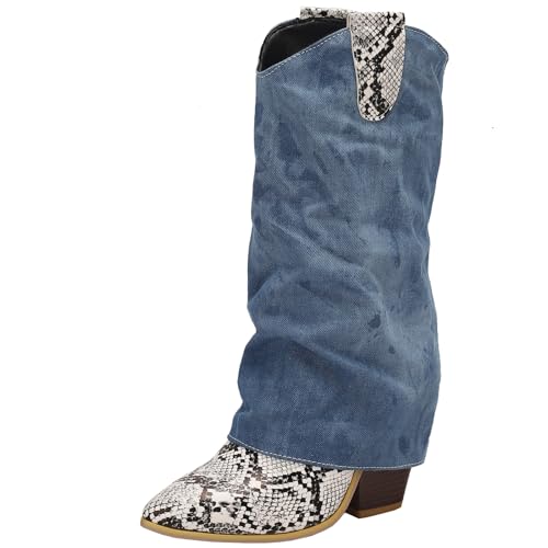 BULVJ Damen Tiermuster Stiefeletten bis zur Wade, zum Hineinschlüpfen mit Blockabsatz, Warmes Innenfutter für Verschiedene Wintermode-Looks von BULVJ