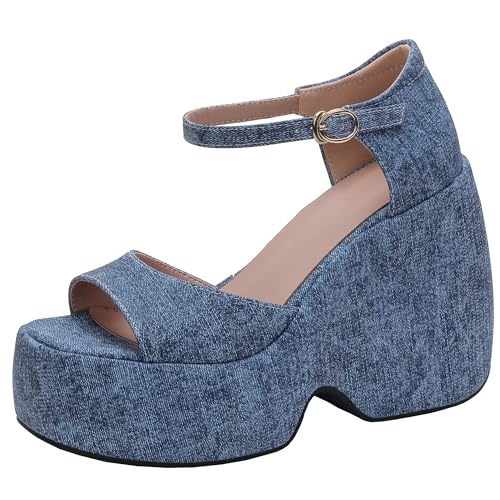 BULVJ Damensandalen mit Keilabsatz und Plateau mit Schnallenverschluss und Offener Zehenpartie von BULVJ
