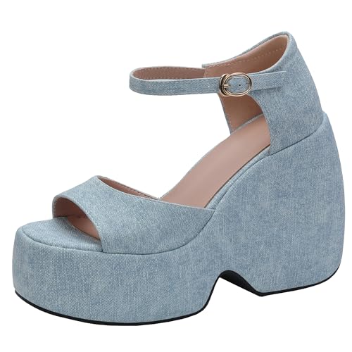 BULVJ Damensandalen mit Keilabsatz und Plateau mit Schnallenverschluss und Offener Zehenpartie von BULVJ