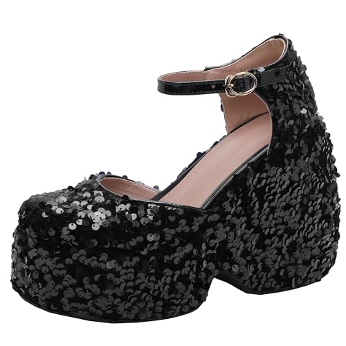 BULVJ Damensandalen mit Pailletten und Plateau - Verstellbarer Riemen und Vielseitig für die Party von BULVJ