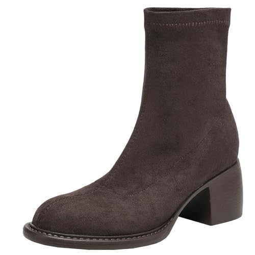 BULVJ Elastische Damenstiefeletten, Slip-on-Stiefeletten mit Blockabsatz und Runder Zehenpartie für Herbst und Winter von BULVJ