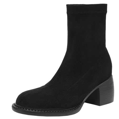 BULVJ Elastische Damenstiefeletten, Slip-on-Stiefeletten mit Blockabsatz und Runder Zehenpartie für Herbst und Winter von BULVJ