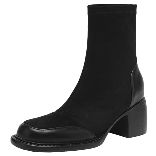 BULVJ Elastische Damenstiefeletten für Winter und Herbst, Kurze Stiefel mit Runder Zehenpartie und Blockabsatz, Ideal für Lässige Ausflüge von BULVJ