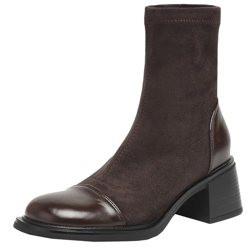 BULVJ Elastische Damenstiefeletten mit Blockabsatz für Winter und Herbst, Kurze Stiefel mit Runder Zehenpartie und zum Hineinschlüpfen von BULVJ