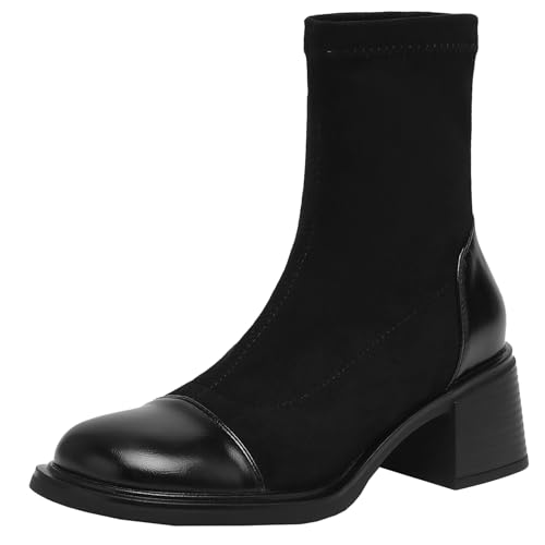 BULVJ Elastische Damenstiefeletten mit Blockabsatz für Winter und Herbst, Kurze Stiefel mit Runder Zehenpartie und zum Hineinschlüpfen von BULVJ